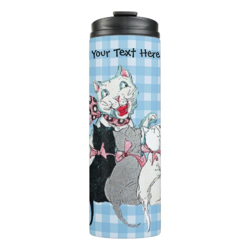 Happy White Mother Cat With three Kittens in Bows Thermal Tumbler