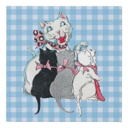 Happy White Mother Cat With Three Kittens Plaid Faux Canvas Print