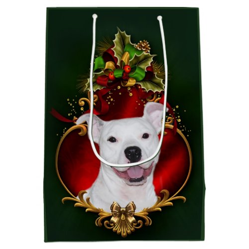 Happy white pitbull Christmas Medium Gift Bag