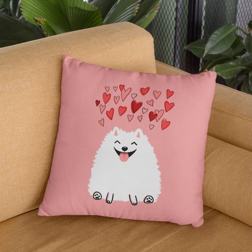 Happy White Pomeranian Dog with Pink Hearts Throw Pillow