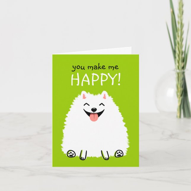 Happy White Pomeranian with Custom Text Card (Front)
