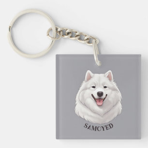 Happy White Samoyed Dog Keychain