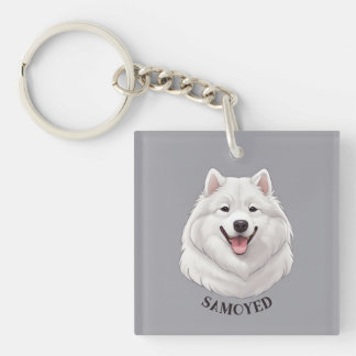 Happy White Samoyed Dog Keychain