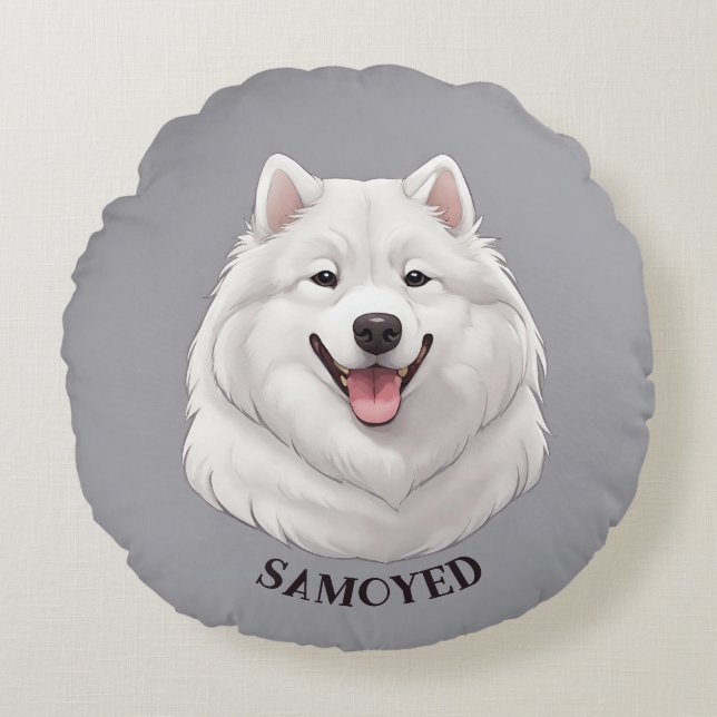 Happy White Samoyed Dog Round Pillow (Front)