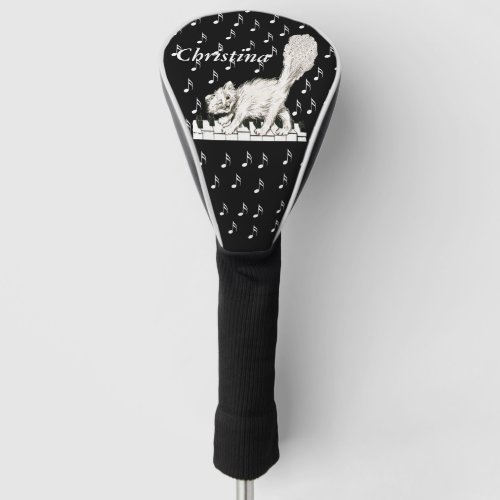 happy White Winking Cat on Piano with Music Notes Golf Head Cover