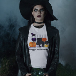 Happy Wine Witch Halloween Black Cat Broom T-Shirt