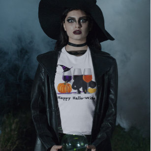 Happy Wine Witch Halloween Black Cat Broom T-Shirt