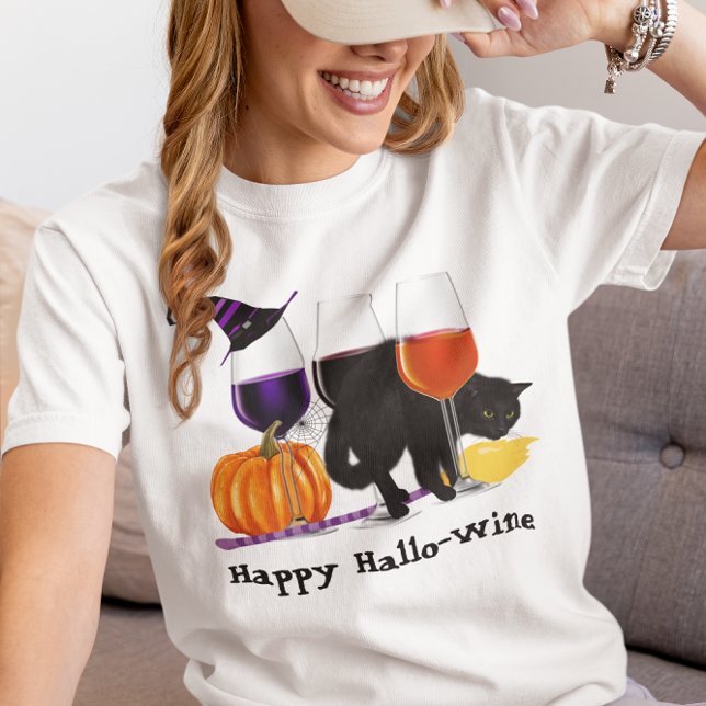 Happy Wine Witch Halloween Black Cat Broom T-Shirt (Creator Uploaded)