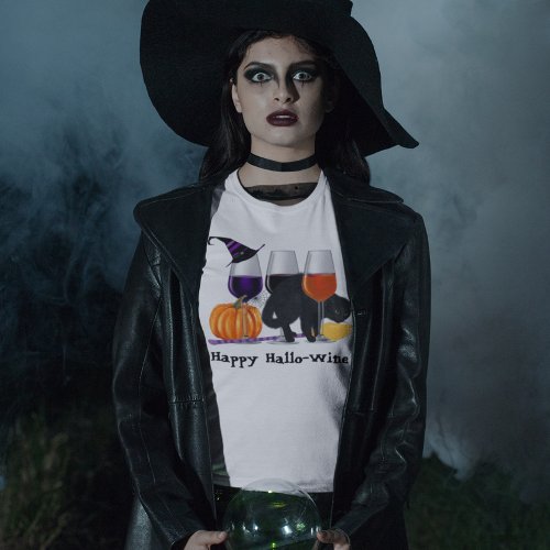 Happy Wine Witch Halloween Black Cat Broom T_Shirt