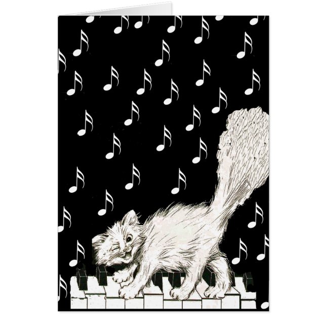 Happy Winking White Cat on Piano Keys Music Notes (Front)