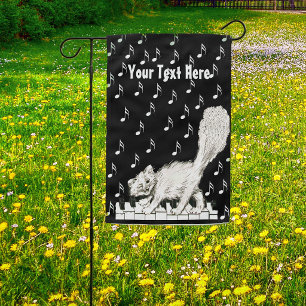 Happy Winking White Cat on Piano Keys Music Notes Garden Flag