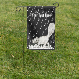 Happy Winking White Cat on Piano Keys Music Notes Garden Flag