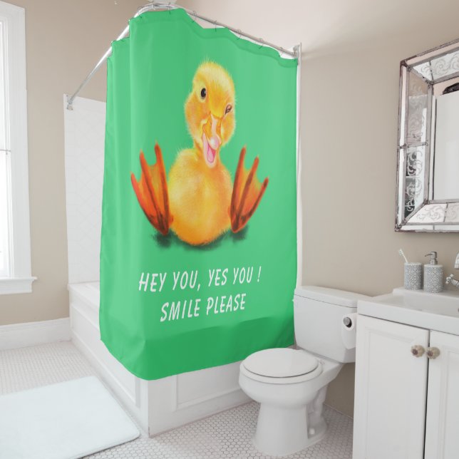 Happy Winking Yellow Duck Shower Curtain Your Text (In Situ)