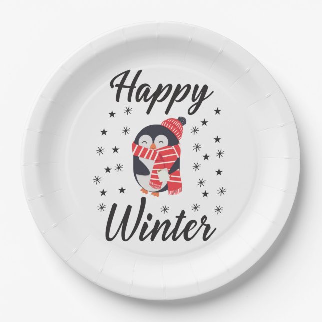 Happy Winter, Cute Penguin Paper Plates (Front)