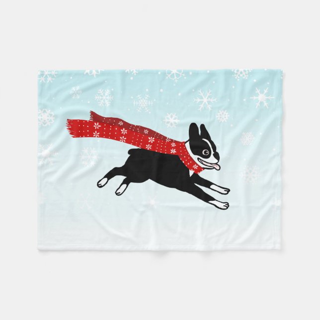 Happy Winter Fun Boston Terrier wearing Red Scarf Fleece Blanket (Front (Horizontal))