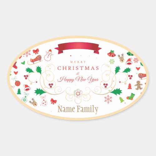 Happy Winter Holiday Christmas  New Year Oval Sticker