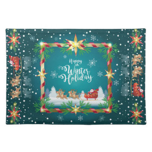 Happy Winter Holiday Snowy Fairy Tale with Santa Cloth Placemat
