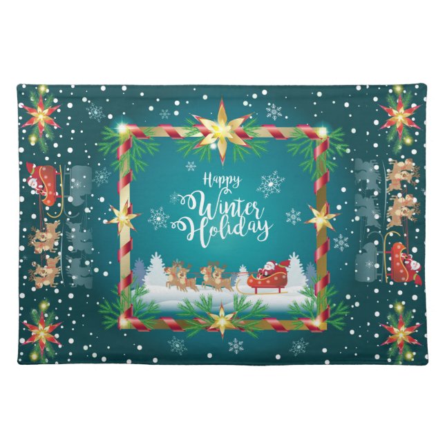 Happy Winter Holiday Snowy Fairy Tale with Santa Cloth Placemat (Front)