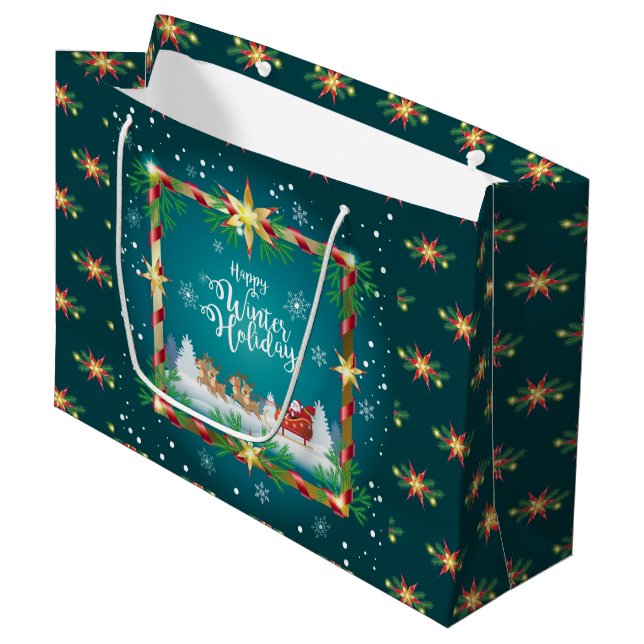 Happy Winter Holiday Snowy Fairy Tale with Santa Large Gift Bag (Front Angled)