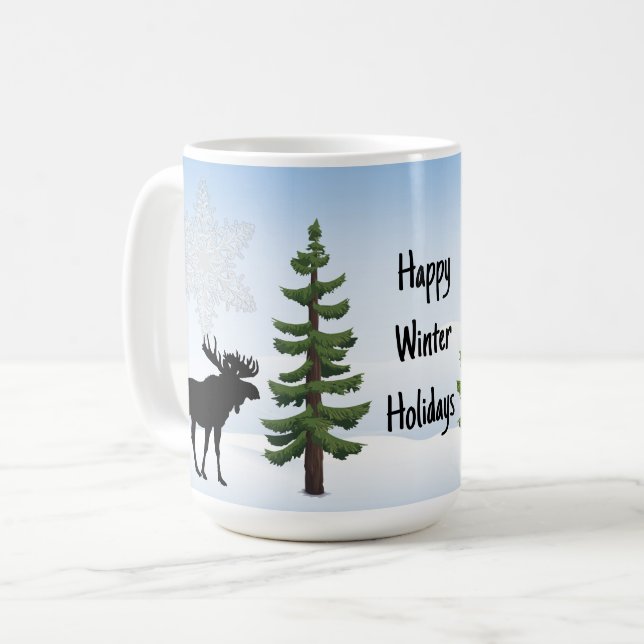 Happy Winter Holidays Moose and Snowflake  Coffee Mug (Front Left)