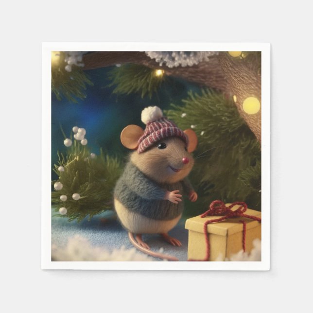 Happy Winter Mouse with a present Paper Plates Napkins (Front)