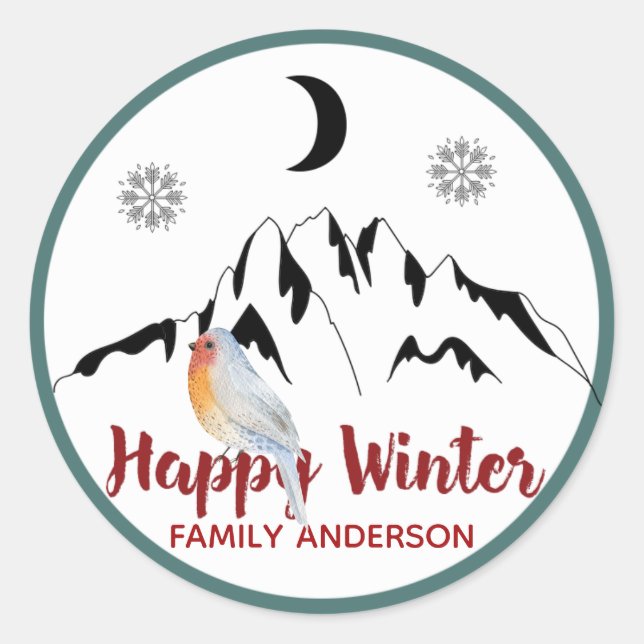 Happy Winter Personalized Christmas Robin Classic Round Sticker (Front)