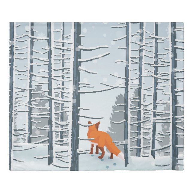 Happy Winter with Forest Landscape and fox animal Duvet Cover (Front)