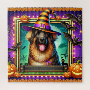 Happy Witch Dog Halloween Pumpkin Scene Jigsaw Puzzle