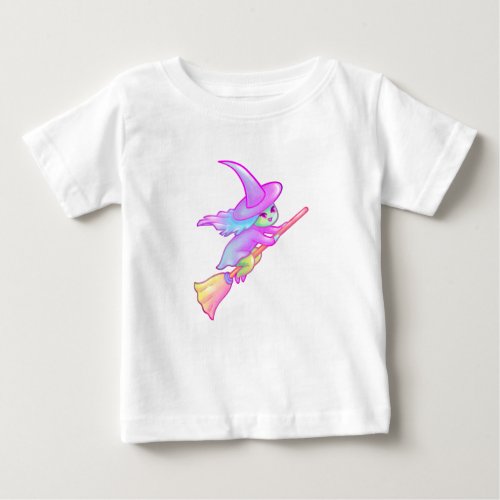 Happy Witch Flying On Broomstick Drawing Baby T_Shirt