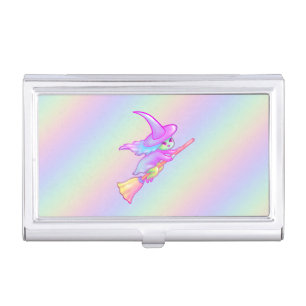 Happy Witch Flying On Broomstick Drawing Business Card Case