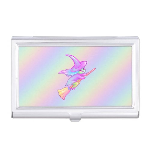 Happy Witch Flying On Broomstick Drawing Business Card Case