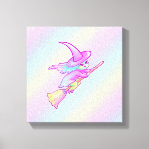 Happy Witch Flying On Broomstick Drawing Canvas Print