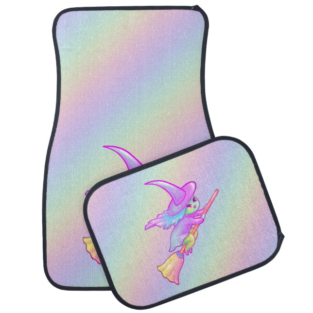 Happy Witch Flying On Broomstick Drawing Car Floor Mat (Set)