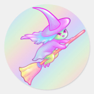 Happy Witch Flying On Broomstick Drawing Classic Round Sticker