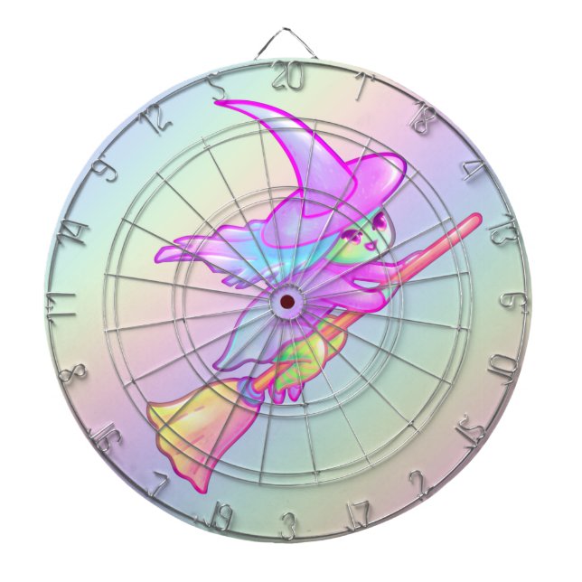 Happy Witch Flying On Broomstick Drawing Dart Board (Front)