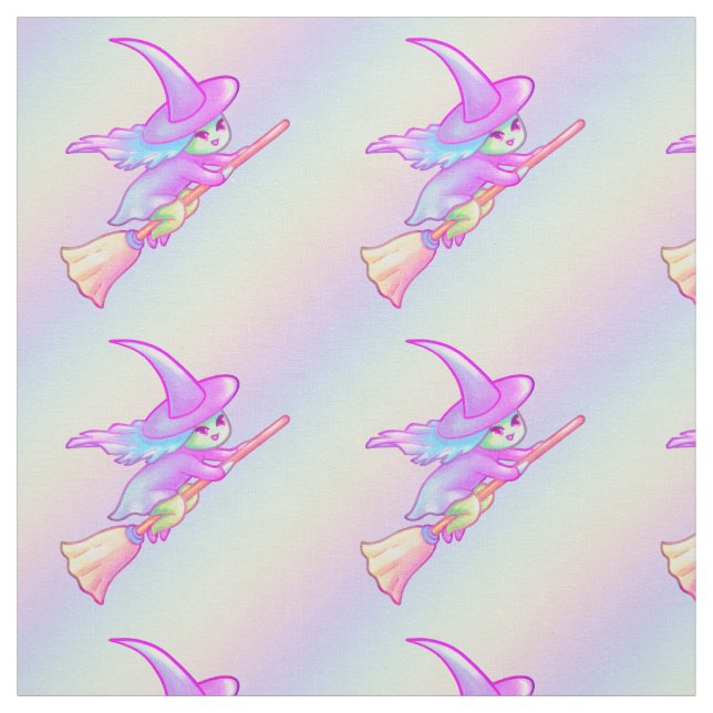 Happy Witch Flying On Broomstick Drawing Fabric (Swatch)