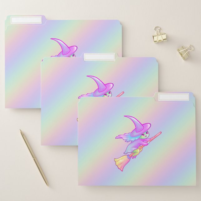 Happy Witch Flying On Broomstick Drawing File Folder (Set)