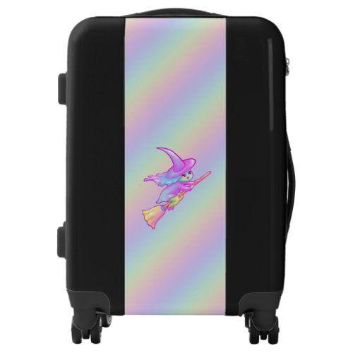 Happy Witch Flying On Broomstick Drawing Luggage