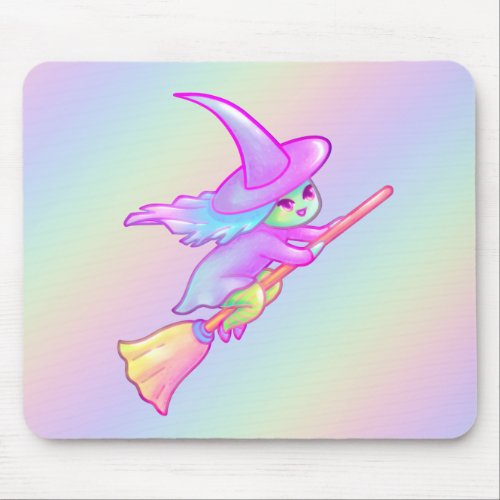 Happy Witch Flying On Broomstick Drawing Mouse Pad