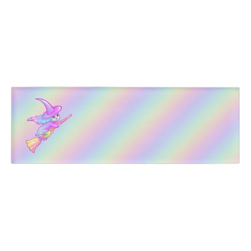 Happy Witch Flying On Broomstick Drawing Name Tag
