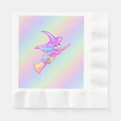 Happy Witch Flying On Broomstick Drawing Napkins