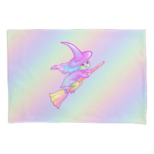 Happy Witch Flying On Broomstick Drawing Pillow Case