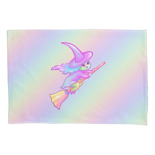 Happy Witch Flying On Broomstick Drawing Pillow Case