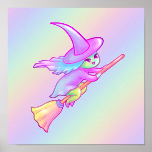 Happy Witch Flying On Broomstick Drawing Poster