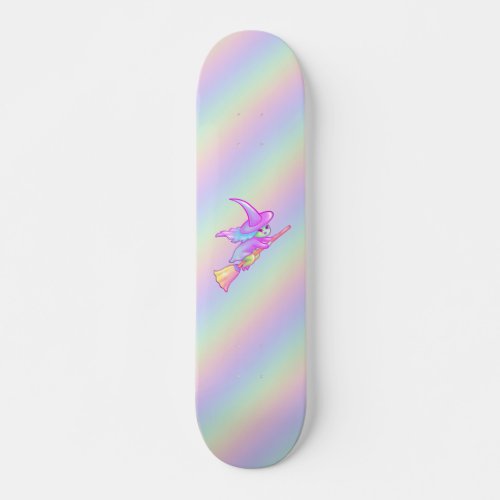 Happy Witch Flying On Broomstick Drawing Skateboard