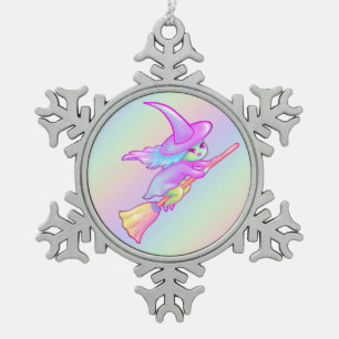 Happy Witch Flying On Broomstick Drawing Snowflake Pewter Christmas Ornament