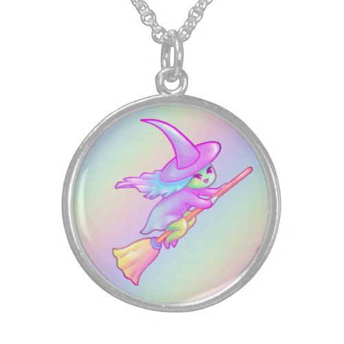 Happy Witch Flying On Broomstick Drawing Sterling Silver Necklace