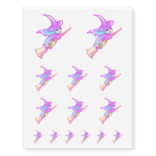 Happy Witch Flying On Broomstick Drawing Temporary Tattoos