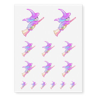 Happy Witch Flying On Broomstick Drawing Temporary Tattoos