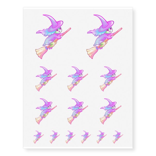 Happy Witch Flying On Broomstick Drawing Temporary Tattoos (Front)